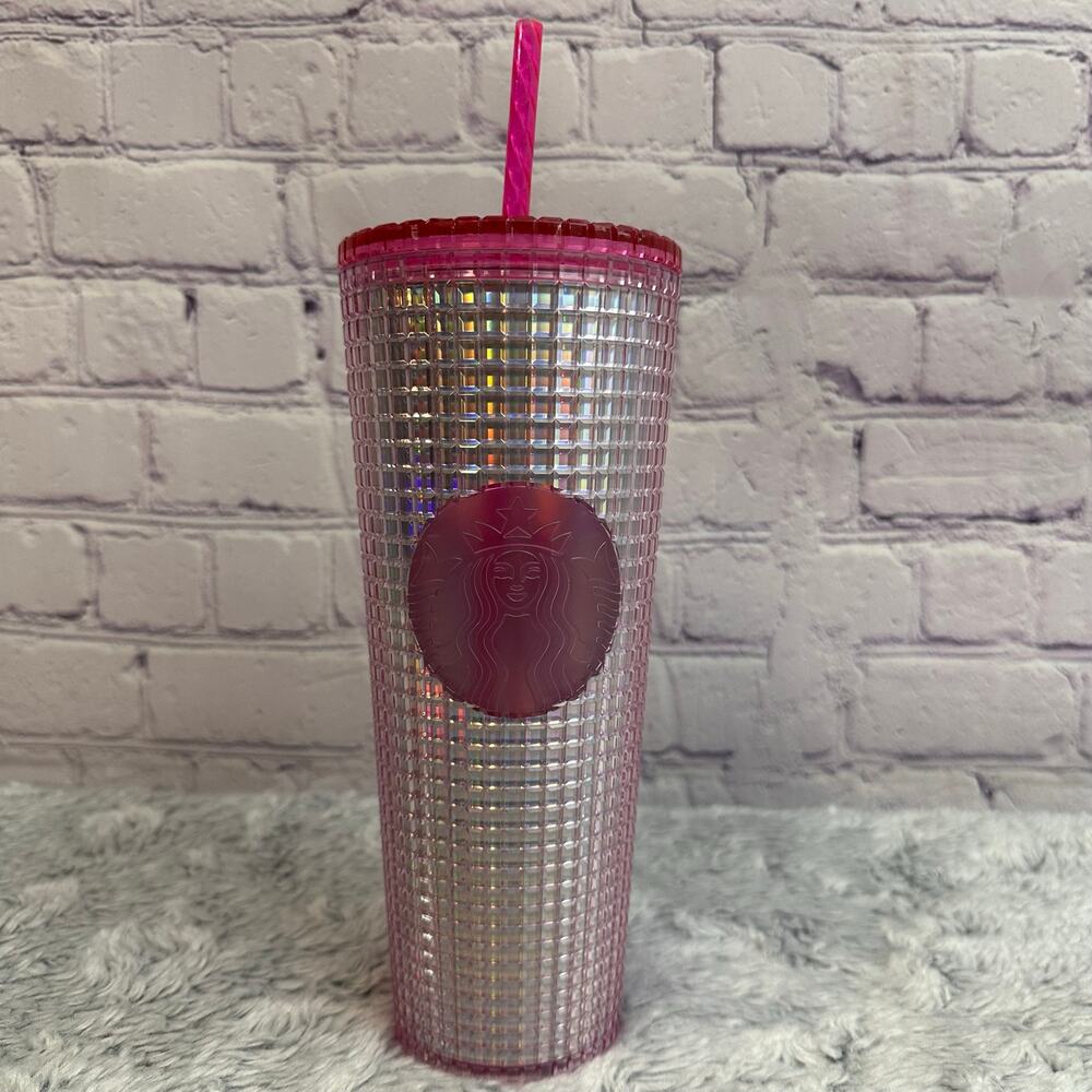 Starbucks Venti 2023 Iridescent Bubble Gum Pink Textured Grid Gold Cup 24oz